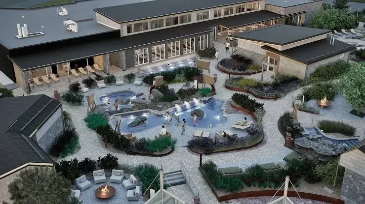 Countryside resort grounds under open sky